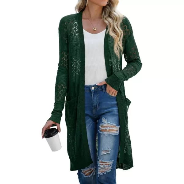 GRECERELLE Womens Lightweight Longer Length Cardigan Long Sleeve Casual Crochet Open-Front Sweater with Pockets