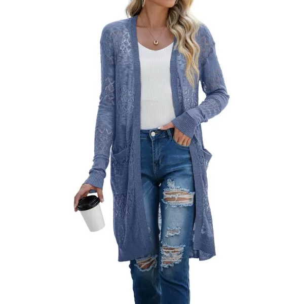 GRECERELLE Womens Lightweight Longer Length Cardigan Long Sleeve Casual Crochet Open-Front Sweater with Pockets