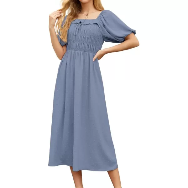 GRECERELLE Women's Summer Boho Midi Dress Puff Sleeve Square Neck Swiss Dot Flowy Off Shoulder Dress