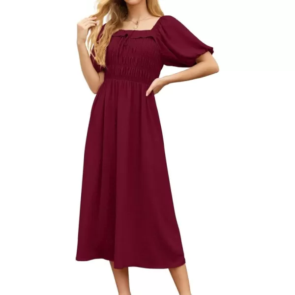 GRECERELLE Women's Summer Boho Midi Dress Puff Sleeve Square Neck Swiss Dot Flowy Off Shoulder Dress
