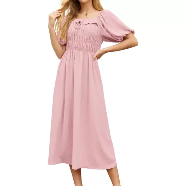 GRECERELLE Women's Summer Boho Midi Dress Puff Sleeve Square Neck Swiss Dot Flowy Off Shoulder Dress