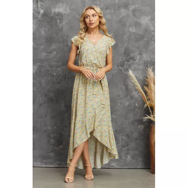 GRECERELLE 2024 Women's Spring Summer Boho Floral Print V-Neck Faux Wrap Maxi Dress for Wedding Guest, Graduation, Party