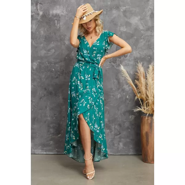 GRECERELLE 2024 Women's Spring Summer Boho Floral Print V-Neck Faux Wrap Maxi Dress for Wedding Guest, Graduation, Party