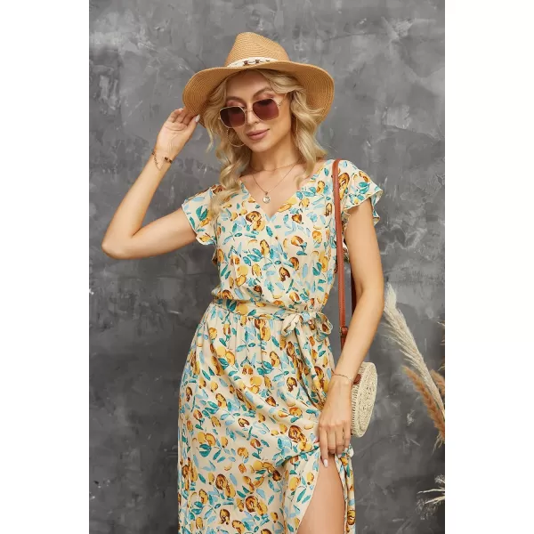 GRECERELLE 2024 Women's Spring Summer Boho Floral Print V-Neck Faux Wrap Maxi Dress for Wedding Guest, Graduation, Party