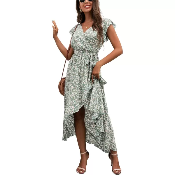 GRECERELLE 2024 Women's Spring Summer Boho Floral Print V-Neck Faux Wrap Maxi Dress for Wedding Guest, Graduation, Party