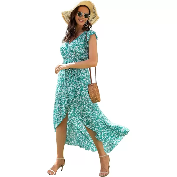 GRECERELLE 2024 Women's Spring Summer Boho Floral Print V-Neck Faux Wrap Maxi Dress for Wedding Guest, Graduation, Party