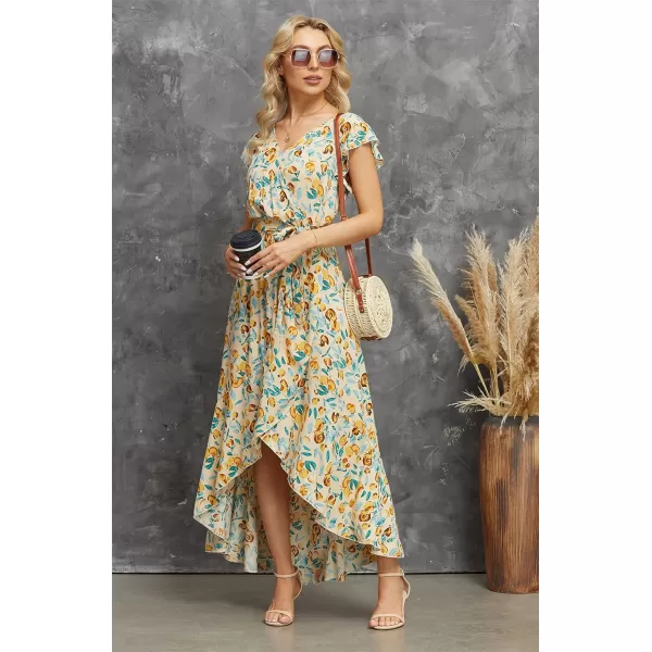 GRECERELLE 2024 Women's Spring Summer Boho Floral Print V-Neck Faux Wrap Maxi Dress for Wedding Guest, Graduation, Party