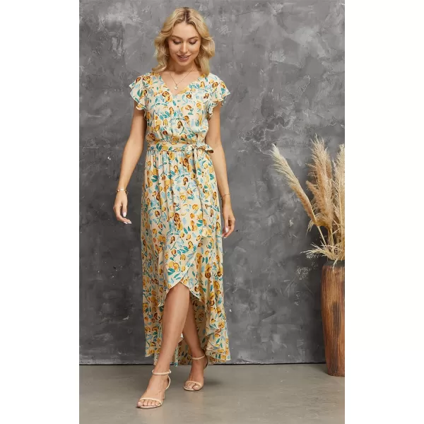 GRECERELLE 2024 Women's Spring Summer Boho Floral Print V-Neck Faux Wrap Maxi Dress for Wedding Guest, Graduation, Party
