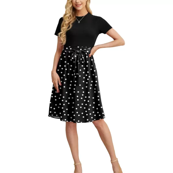 GRECERELLE Womens Casual Dresses 2024 Church Short Sleeve Ribbed Teacher Modest Business Work Outfits Midi Dress with Pockets