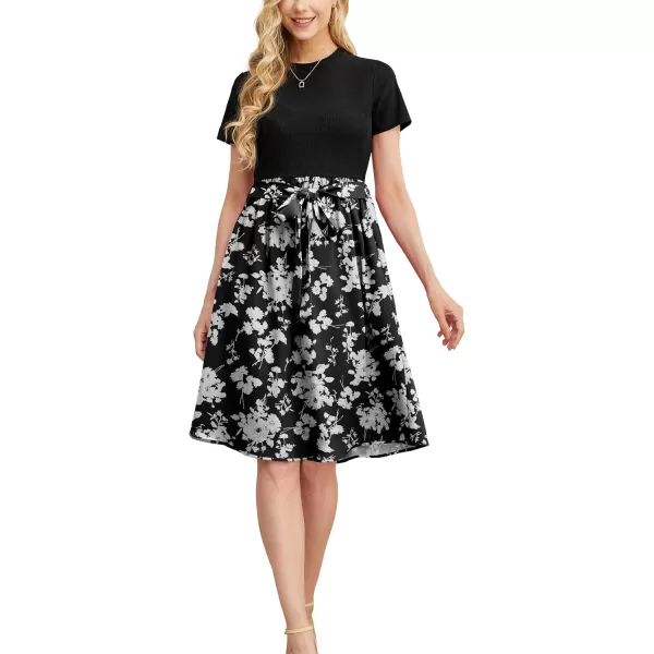 GRECERELLE Womens Casual Dresses 2024 Church Short Sleeve Ribbed Teacher Modest Business Work Outfits Midi Dress with Pockets