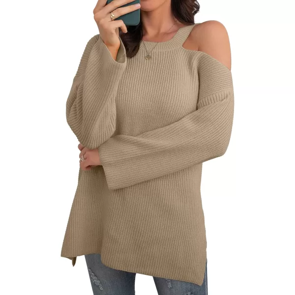 GRECERELLE Womens Cold Shoulder Sweater Loose Fit Pullover Long Sleeves Round Neck Winter Warm Casual Tops