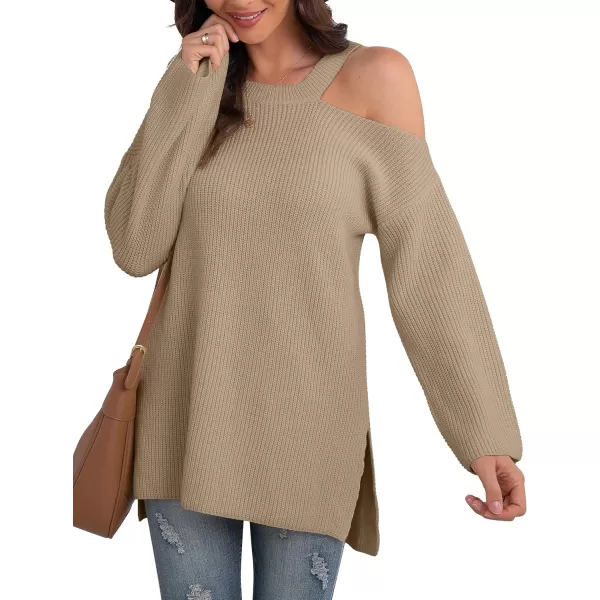 GRECERELLE Womens Cold Shoulder Sweater Loose Fit Pullover Long Sleeves Round Neck Winter Warm Casual Tops