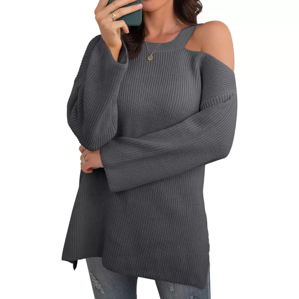 GRECERELLE Womens Cold Shoulder Sweater Loose Fit Pullover Long Sleeves Round Neck Winter Warm Casual Tops