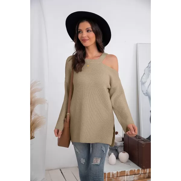 GRECERELLE Womens Cold Shoulder Sweater Loose Fit Pullover Long Sleeves Round Neck Winter Warm Casual Tops