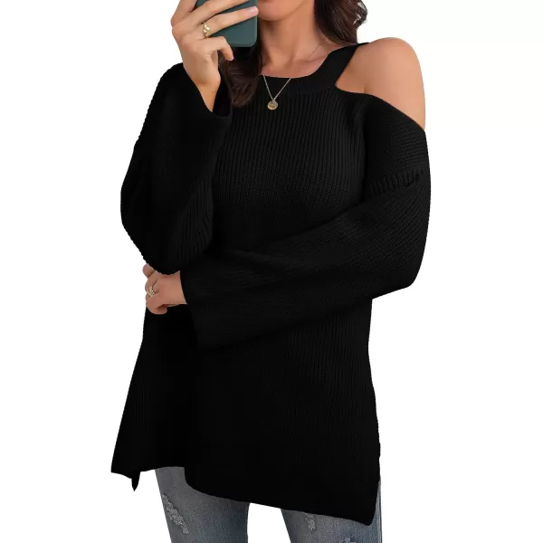 GRECERELLE Womens Cold Shoulder Sweater Loose Fit Pullover Long Sleeves Round Neck Winter Warm Casual Tops