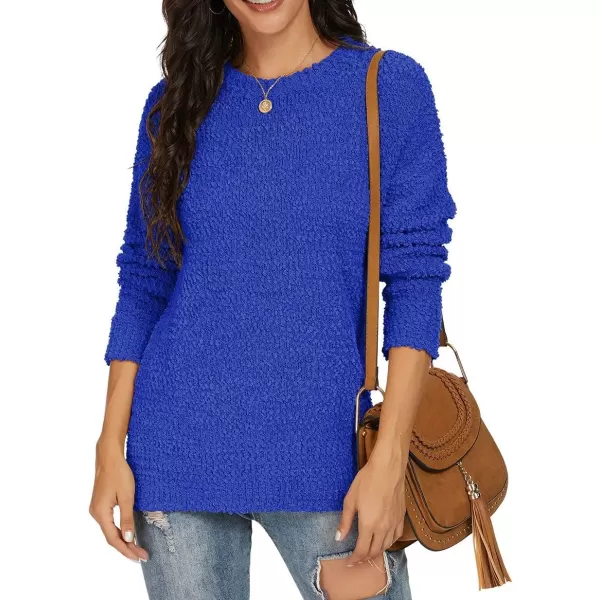 GRECERELLE Women's Fuzzy Knitted Sweater Crew-Neck Long Sleeve Side Split Loose Casual Knit Pullover Sweater Blouse