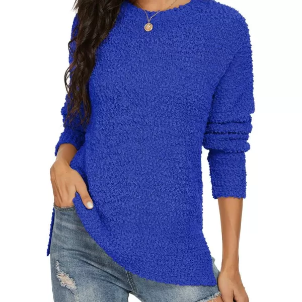 GRECERELLE Women's Fuzzy Knitted Sweater Crew-Neck Long Sleeve Side Split Loose Casual Knit Pullover Sweater Blouse