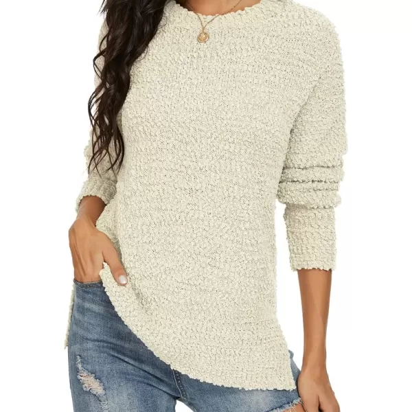 GRECERELLE Women's Fuzzy Knitted Sweater Crew-Neck Long Sleeve Side Split Loose Casual Knit Pullover Sweater Blouse