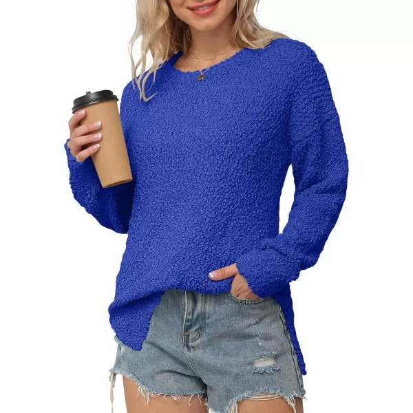 GRECERELLE Women's Fuzzy Knitted Sweater Crew-Neck Long Sleeve Side Split Loose Casual Knit Pullover Sweater Blouse