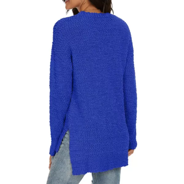 GRECERELLE Women's Fuzzy Knitted Sweater Crew-Neck Long Sleeve Side Split Loose Casual Knit Pullover Sweater Blouse