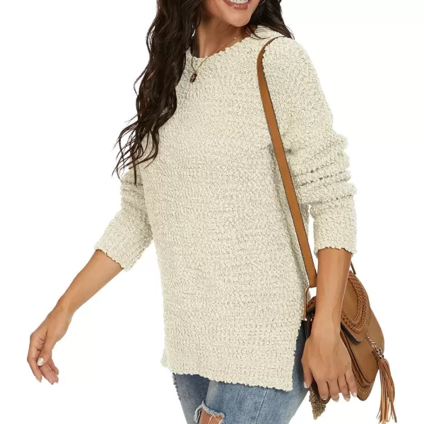 GRECERELLE Women's Fuzzy Knitted Sweater Crew-Neck Long Sleeve Side Split Loose Casual Knit Pullover Sweater Blouse