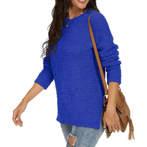 GRECERELLE Women's Fuzzy Knitted Sweater Crew-Neck Long Sleeve Side Split Loose Casual Knit Pullover Sweater Blouse