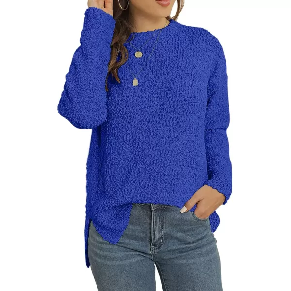 GRECERELLE Women's Fuzzy Knitted Sweater Crew-Neck Long Sleeve Side Split Loose Casual Knit Pullover Sweater Blouse
