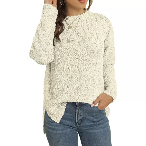 GRECERELLE Women's Fuzzy Knitted Sweater Crew-Neck Long Sleeve Side Split Loose Casual Knit Pullover Sweater Blouse