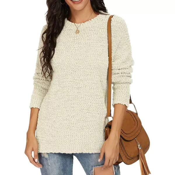 GRECERELLE Women's Fuzzy Knitted Sweater Crew-Neck Long Sleeve Side Split Loose Casual Knit Pullover Sweater Blouse