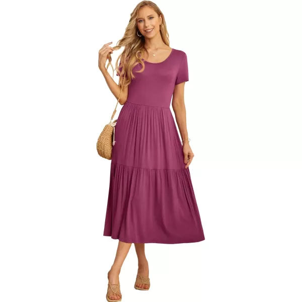 GRECERELLE Women's Summer Casual Crewneck Short Sleeve Aline Tiered Flowy Maxi Dress with Pockets