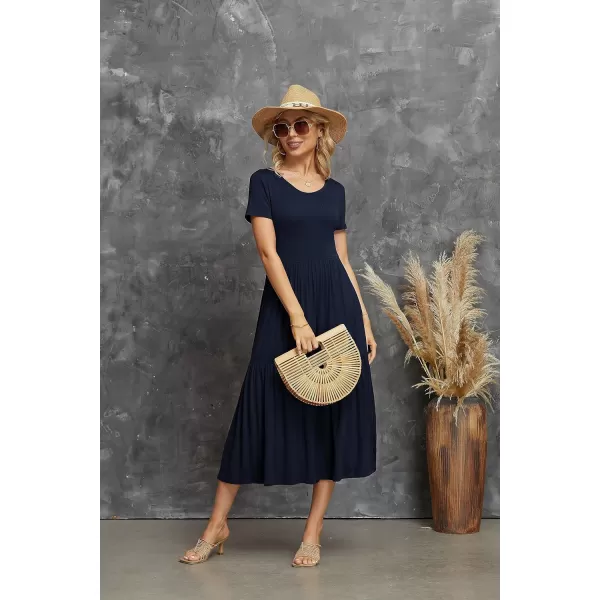 GRECERELLE Women's Summer Casual Crewneck Short Sleeve Aline Tiered Flowy Maxi Dress with Pockets