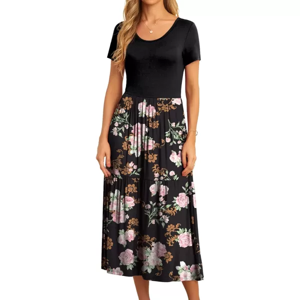 GRECERELLE Women's Summer Casual Crewneck Short Sleeve Aline Tiered Flowy Maxi Dress with Pockets