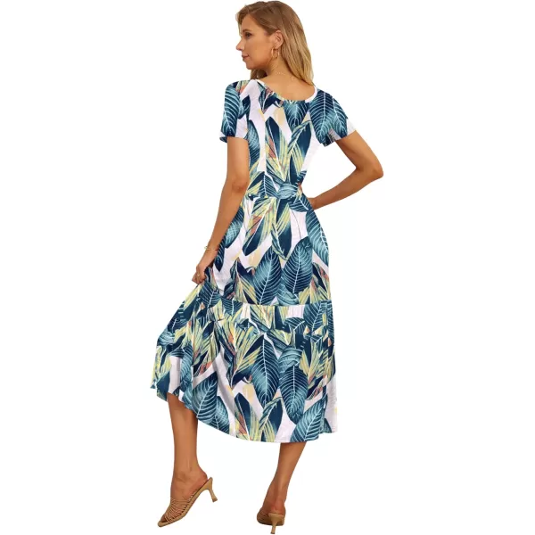 GRECERELLE Women's Summer Casual Crewneck Short Sleeve Aline Tiered Flowy Maxi Dress with Pockets