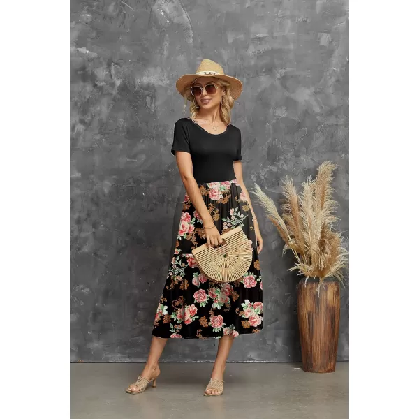 GRECERELLE Women's Summer Casual Crewneck Short Sleeve Aline Tiered Flowy Maxi Dress with Pockets