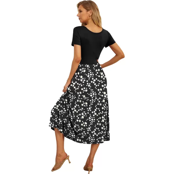 GRECERELLE Women's Summer Casual Crewneck Short Sleeve Aline Tiered Flowy Maxi Dress with Pockets