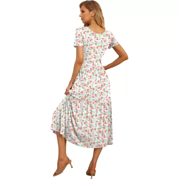 GRECERELLE Women's Summer Casual Crewneck Short Sleeve Aline Tiered Flowy Maxi Dress with Pockets