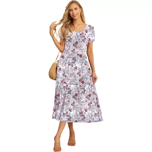 GRECERELLE Women's Summer Casual Crewneck Short Sleeve Aline Tiered Flowy Maxi Dress with Pockets