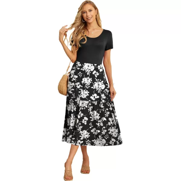 GRECERELLE Women's Summer Casual Crewneck Short Sleeve Aline Tiered Flowy Maxi Dress with Pockets