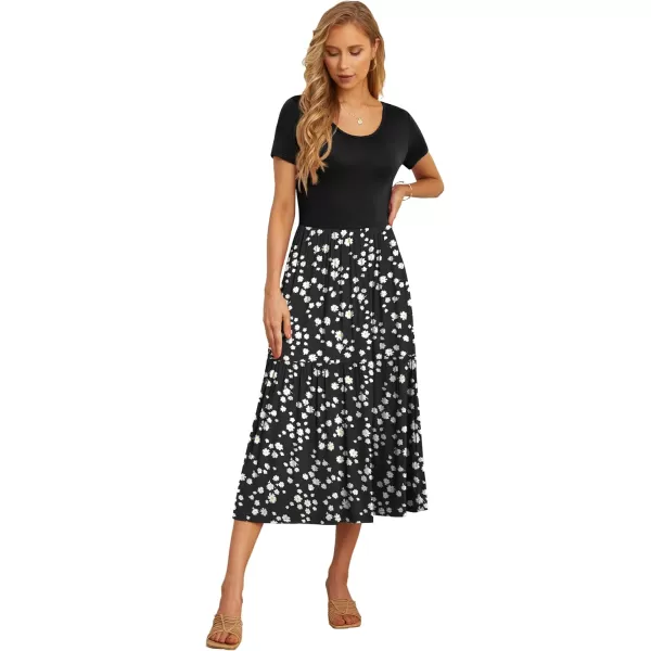 GRECERELLE Women's Summer Casual Crewneck Short Sleeve Aline Tiered Flowy Maxi Dress with Pockets