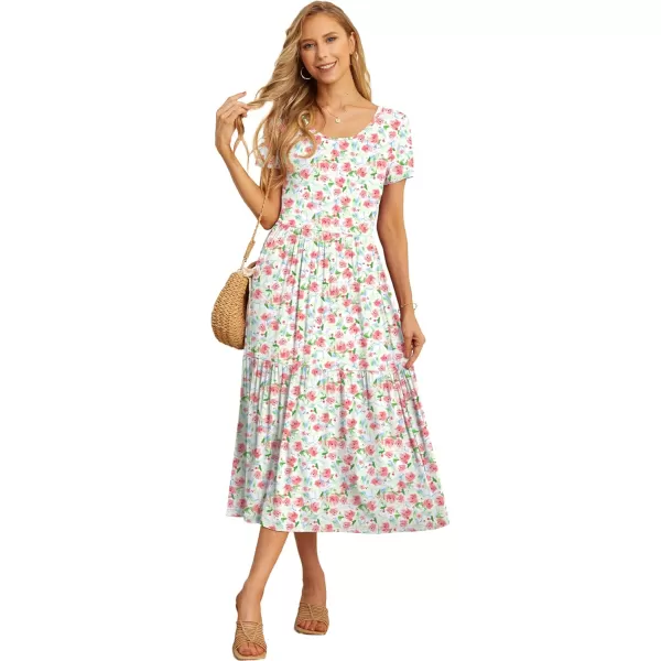 GRECERELLE Women's Summer Casual Crewneck Short Sleeve Aline Tiered Flowy Maxi Dress with Pockets