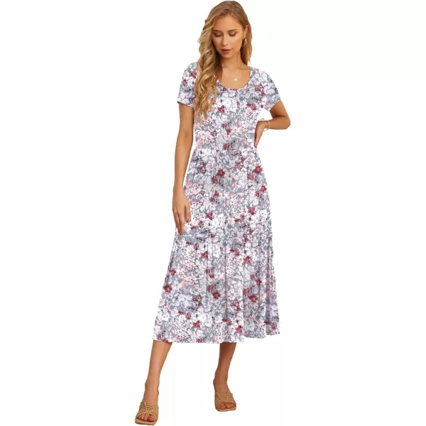 GRECERELLE Women's Summer Casual Crewneck Short Sleeve Aline Tiered Flowy Maxi Dress with Pockets