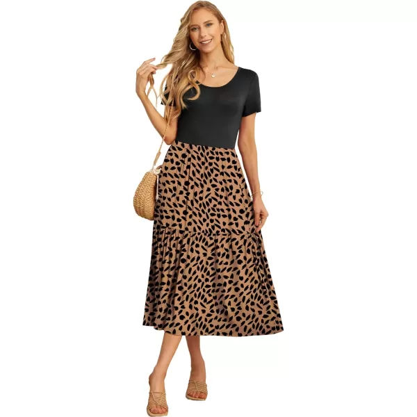 GRECERELLE Women's Summer Casual Crewneck Short Sleeve Aline Tiered Flowy Maxi Dress with Pockets
