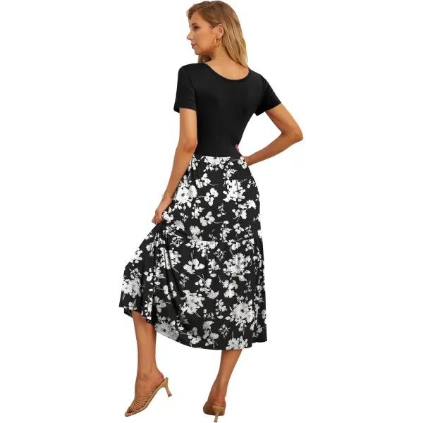 GRECERELLE Women's Summer Casual Crewneck Short Sleeve Aline Tiered Flowy Maxi Dress with Pockets