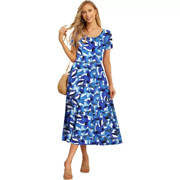 GRECERELLE Women's Summer Casual Crewneck Short Sleeve Aline Tiered Flowy Maxi Dress with Pockets