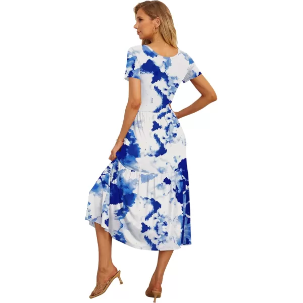 GRECERELLE Women's Summer Casual Crewneck Short Sleeve Aline Tiered Flowy Maxi Dress with Pockets