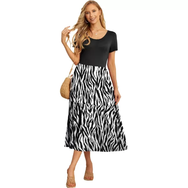 GRECERELLE Women's Summer Casual Crewneck Short Sleeve Aline Tiered Flowy Maxi Dress with Pockets