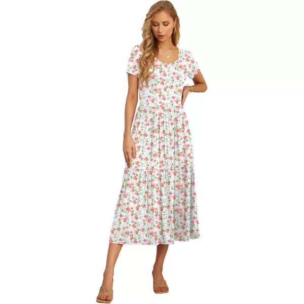 GRECERELLE Women's Summer Casual Crewneck Short Sleeve Aline Tiered Flowy Maxi Dress with Pockets