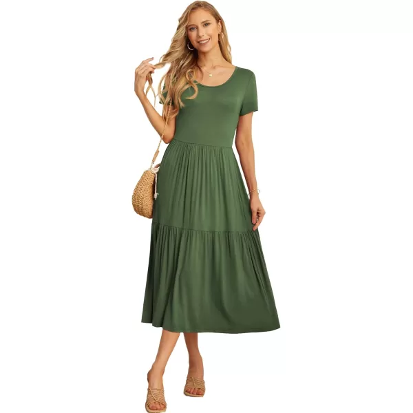 GRECERELLE Women's Summer Casual Crewneck Short Sleeve Aline Tiered Flowy Maxi Dress with Pockets