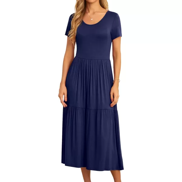GRECERELLE Women's Summer Casual Crewneck Short Sleeve Aline Tiered Flowy Maxi Dress with Pockets