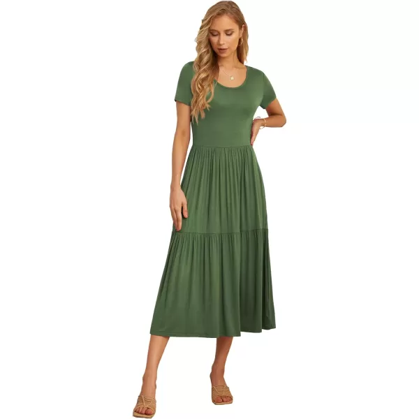 GRECERELLE Women's Summer Casual Crewneck Short Sleeve Aline Tiered Flowy Maxi Dress with Pockets